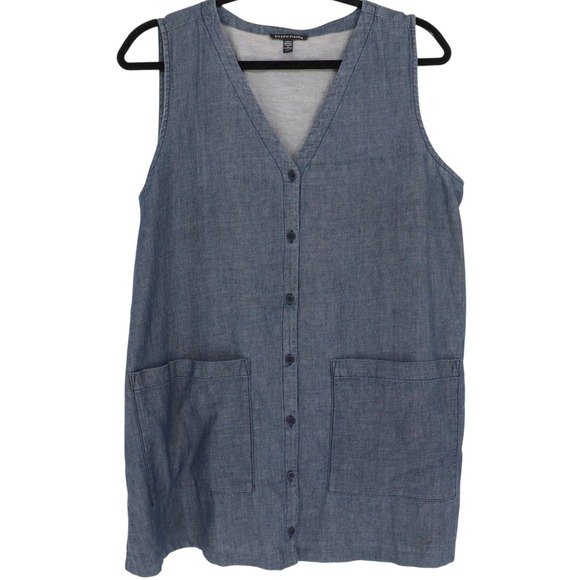 Eileen Fisher Denim Tunic Top Size M Sleeveless Organic Cotton Shirt Dress - Picture 1 of 3